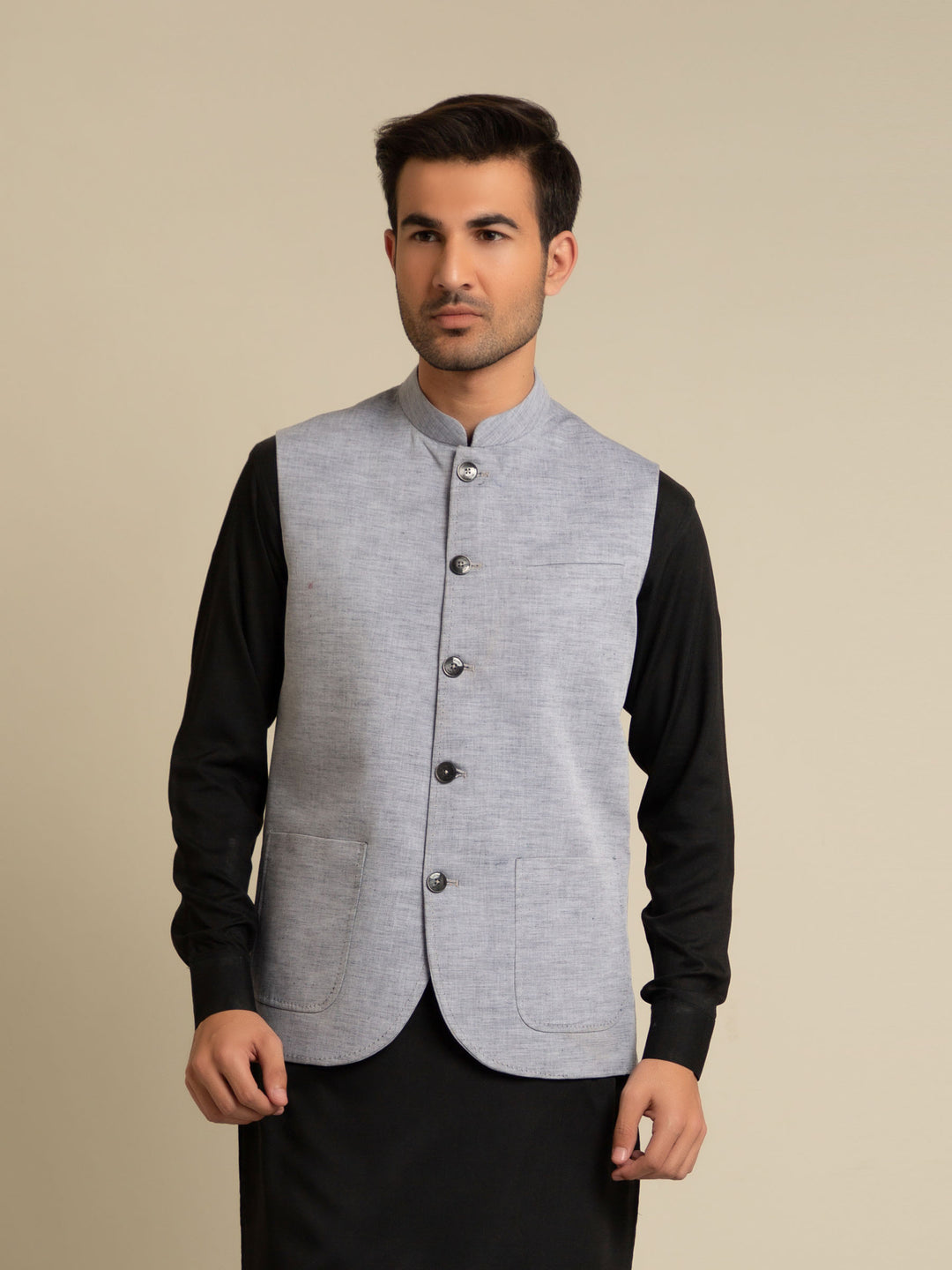 Grey Chambray Linen Waistcoat Brumano Pakistan