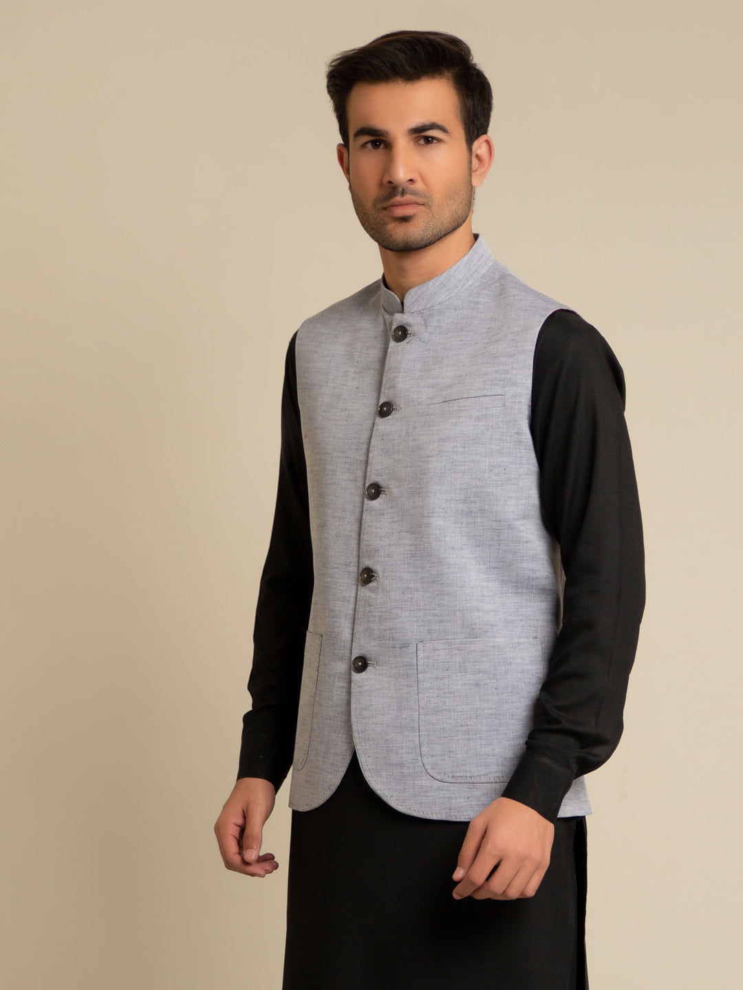 Grey Chambray Linen Waistcoat Brumano Pakistan