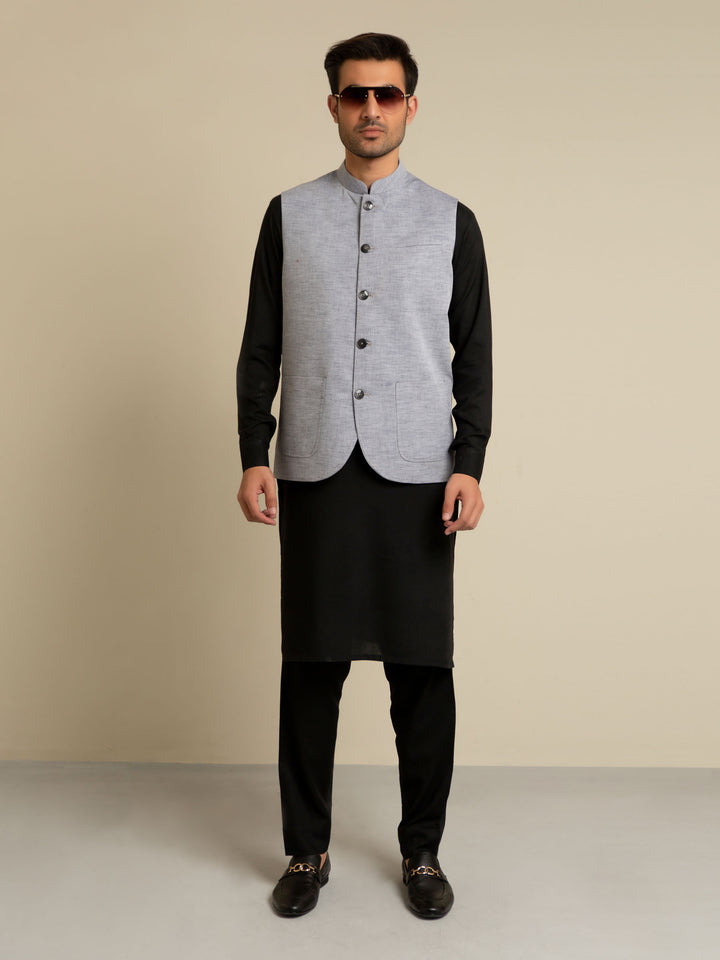 Grey Chambray Linen Waistcoat Brumano Pakistan