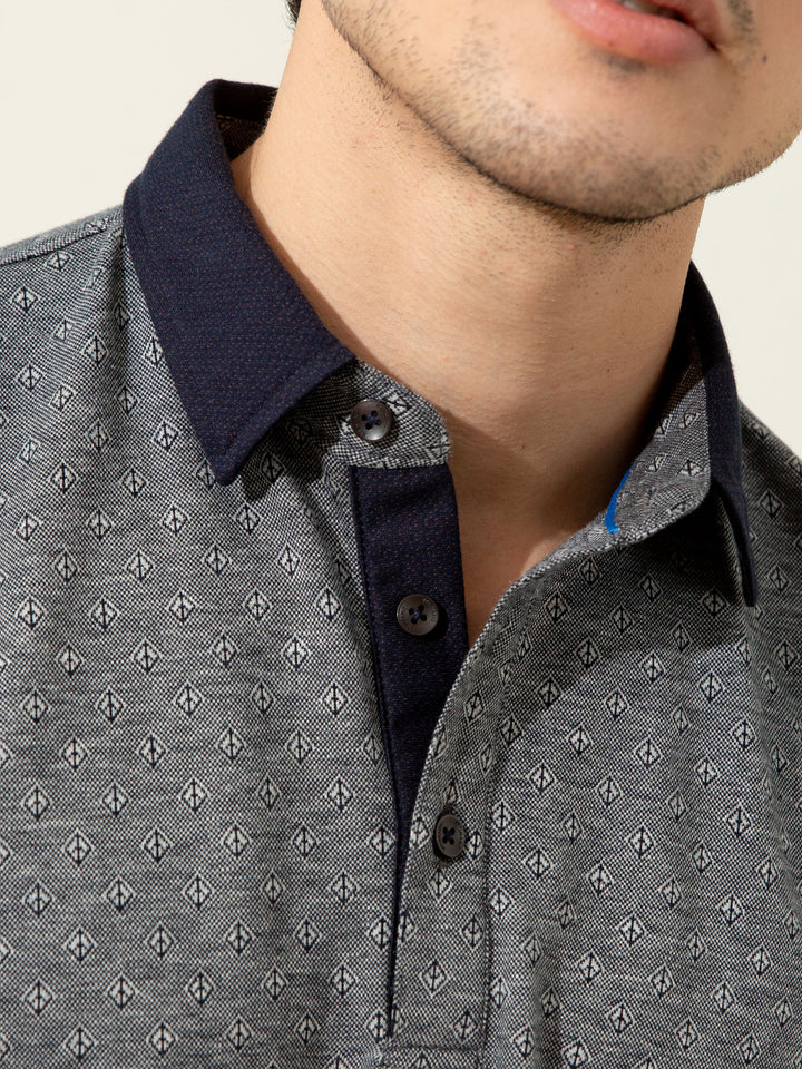 Grey Geometric Jacquard Polo With Contrasting Collar Brumano Pakistan