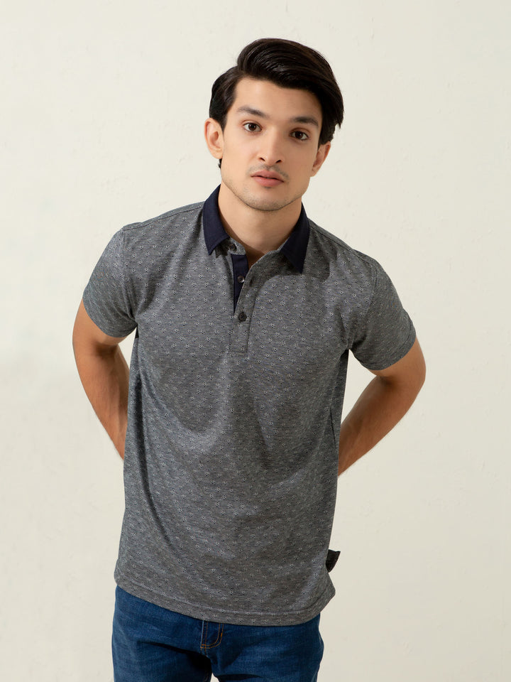 Grey Geometric Jacquard Polo With Contrasting Collar Brumano Pakistan