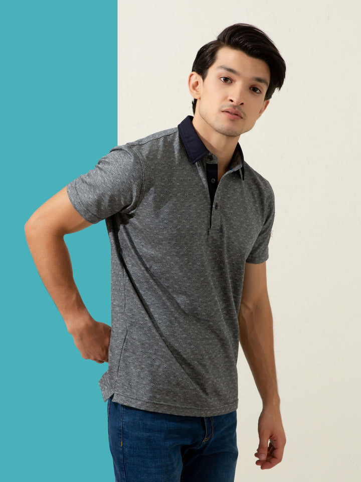 Grey Geometric Jacquard Polo With Contrasting Collar Brumano Pakistan