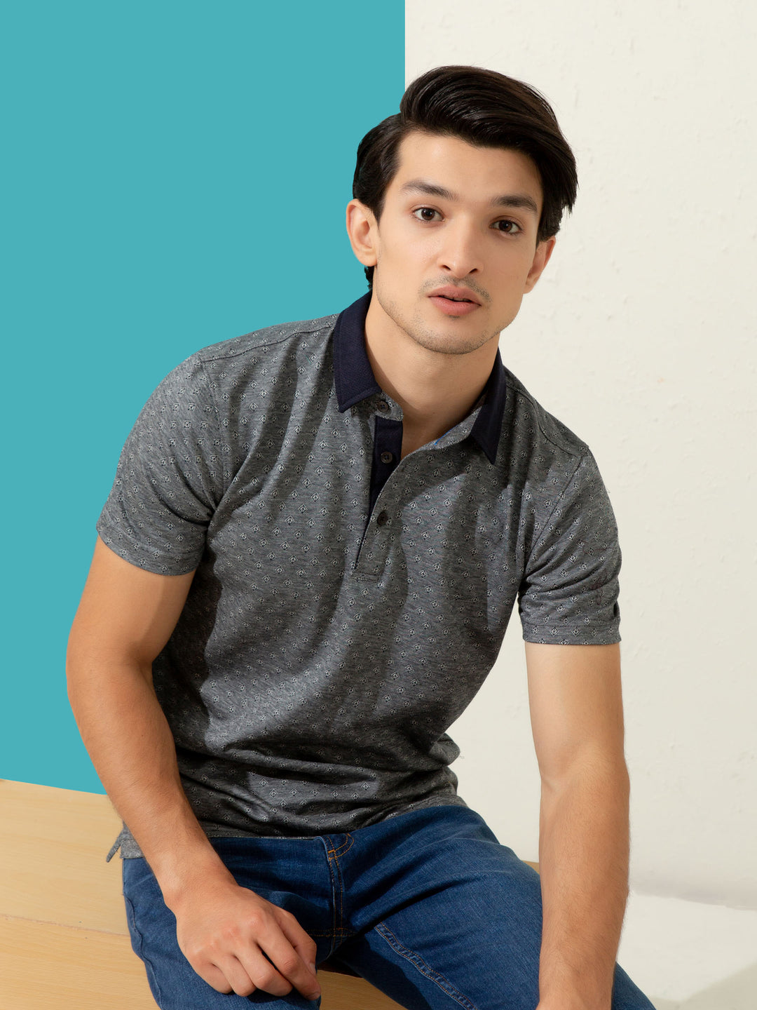 Grey Geometric Jacquard Polo With Contrasting Collar Brumano Pakistan