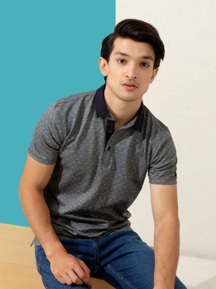 Grey Geometric Jacquard Polo With Contrasting Collar Brumano Pakistan