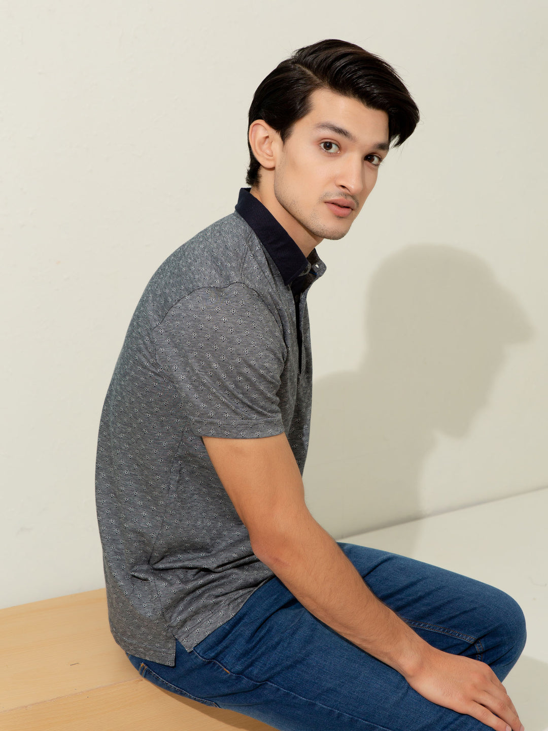 Grey Geometric Jacquard Polo With Contrasting Collar Brumano Pakistan