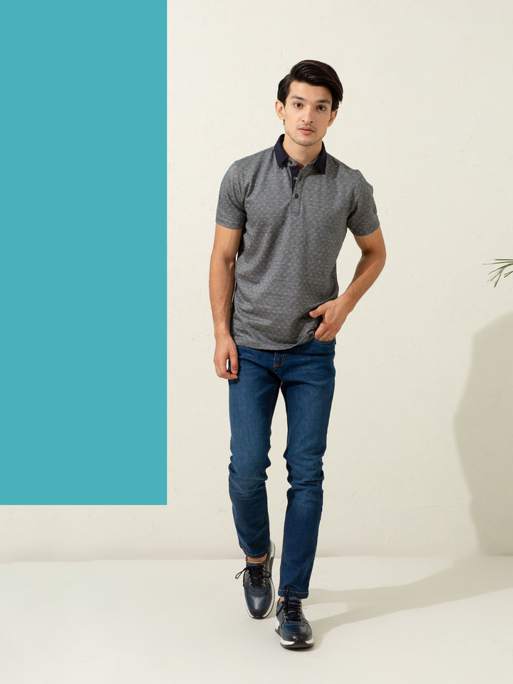Grey Geometric Jacquard Polo With Contrasting Collar Brumano Pakistan