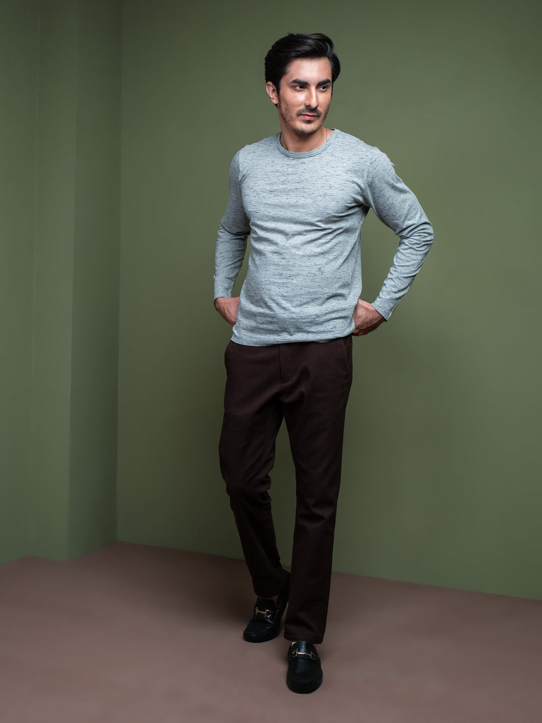 Grey Inject Pattern Long Sleeve T-Shirt Brumano Pakistan