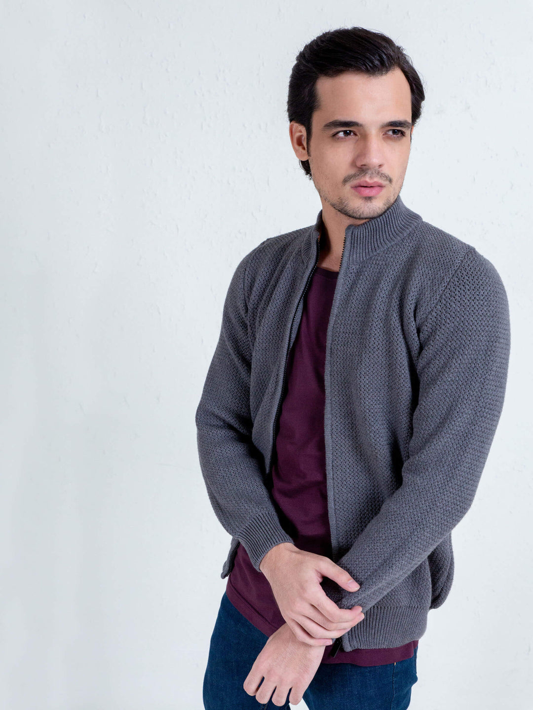 Grey Knitted Chunky Textured Zipper Brumano Pakistan
