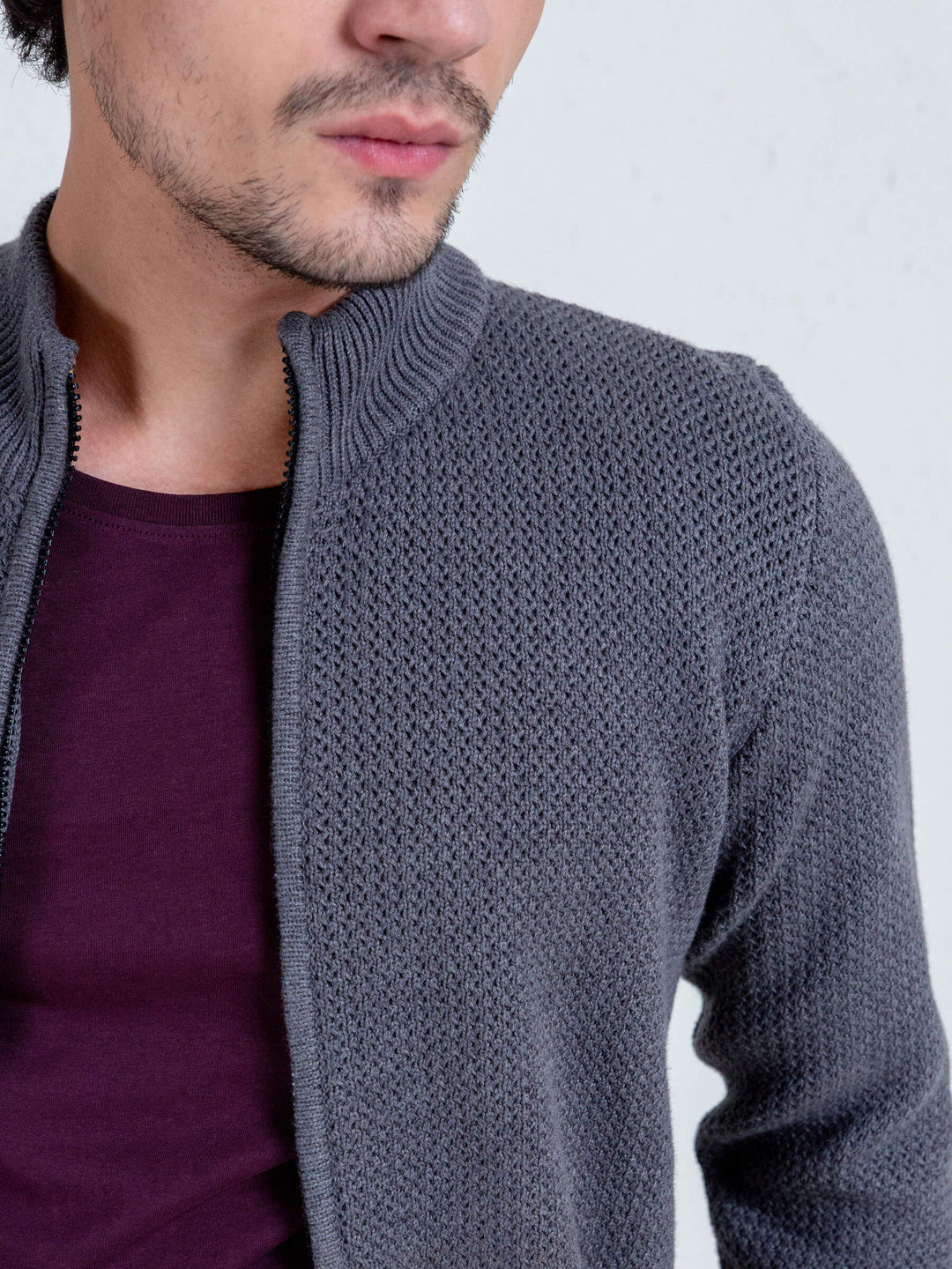 Grey Knitted Chunky Textured Zipper Brumano Pakistan