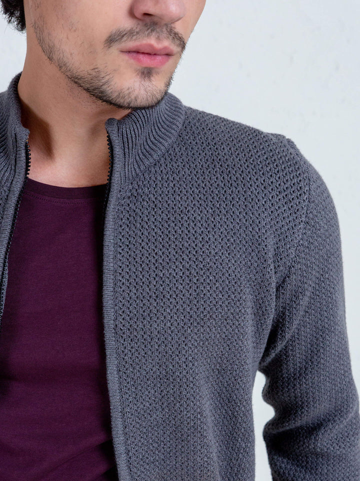 Grey Knitted Chunky Textured Zipper Brumano Pakistan