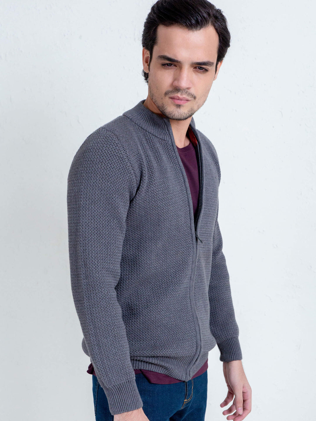 Grey Knitted Chunky Textured Zipper Brumano Pakistan
