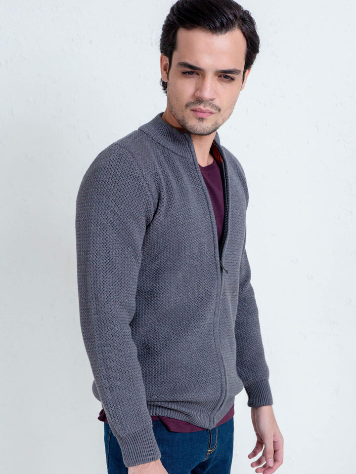 Grey Knitted Chunky Textured Zipper Brumano Pakistan