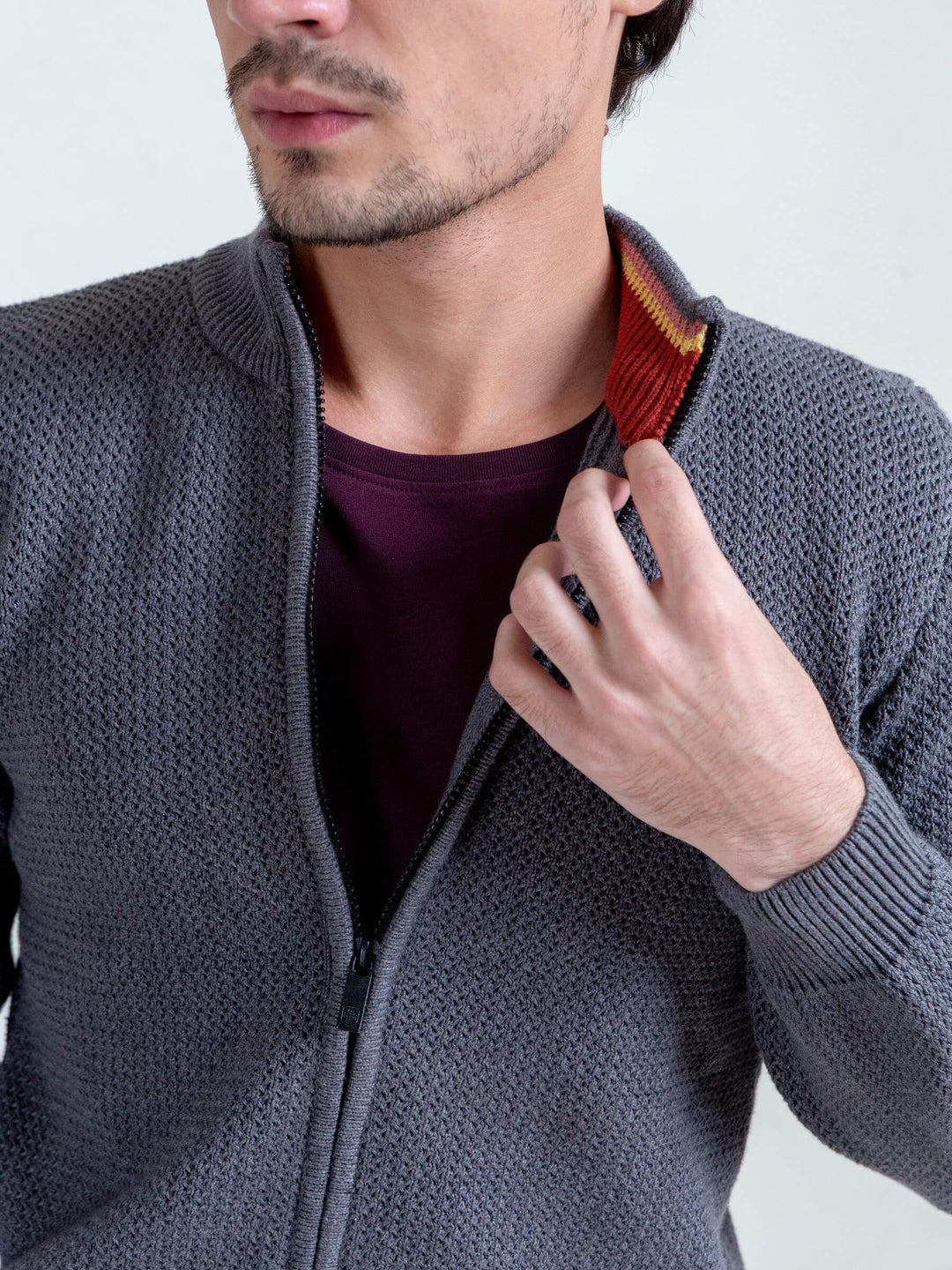 Grey Knitted Chunky Textured Zipper Brumano Pakistan