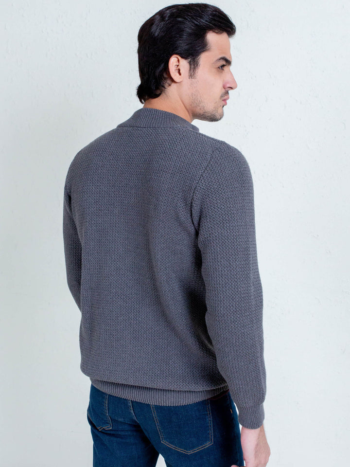 Grey Knitted Chunky Textured Zipper Brumano Pakistan