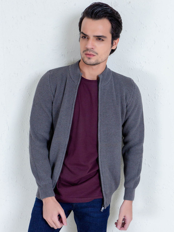 Grey Knitted Chunky Textured Zipper Brumano Pakistan