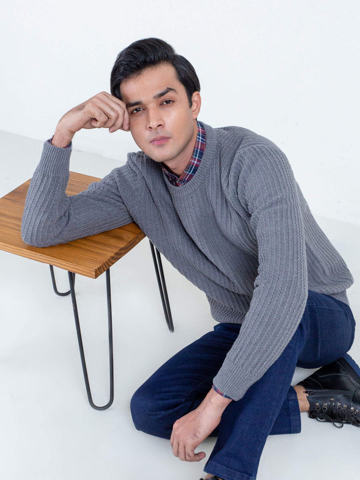 Grey Melange Zig-Zag Textured Jumper Brumano Pakistan