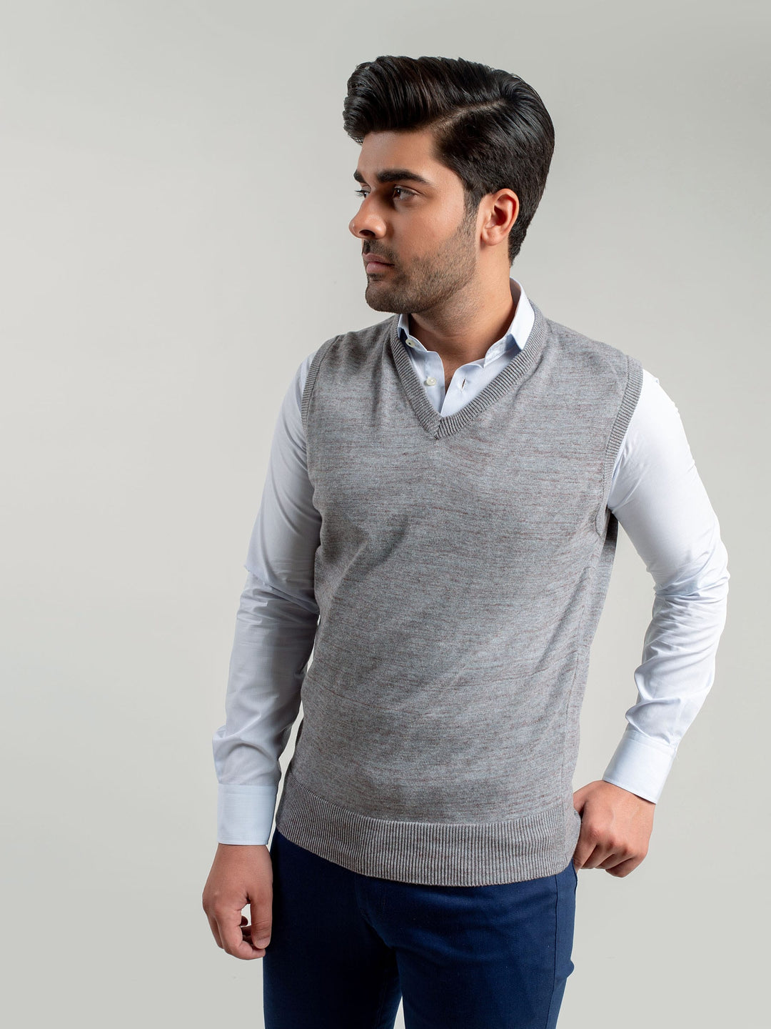 Grey Patterned Sleeveless V-Neck Sweater Brumano Pakistan