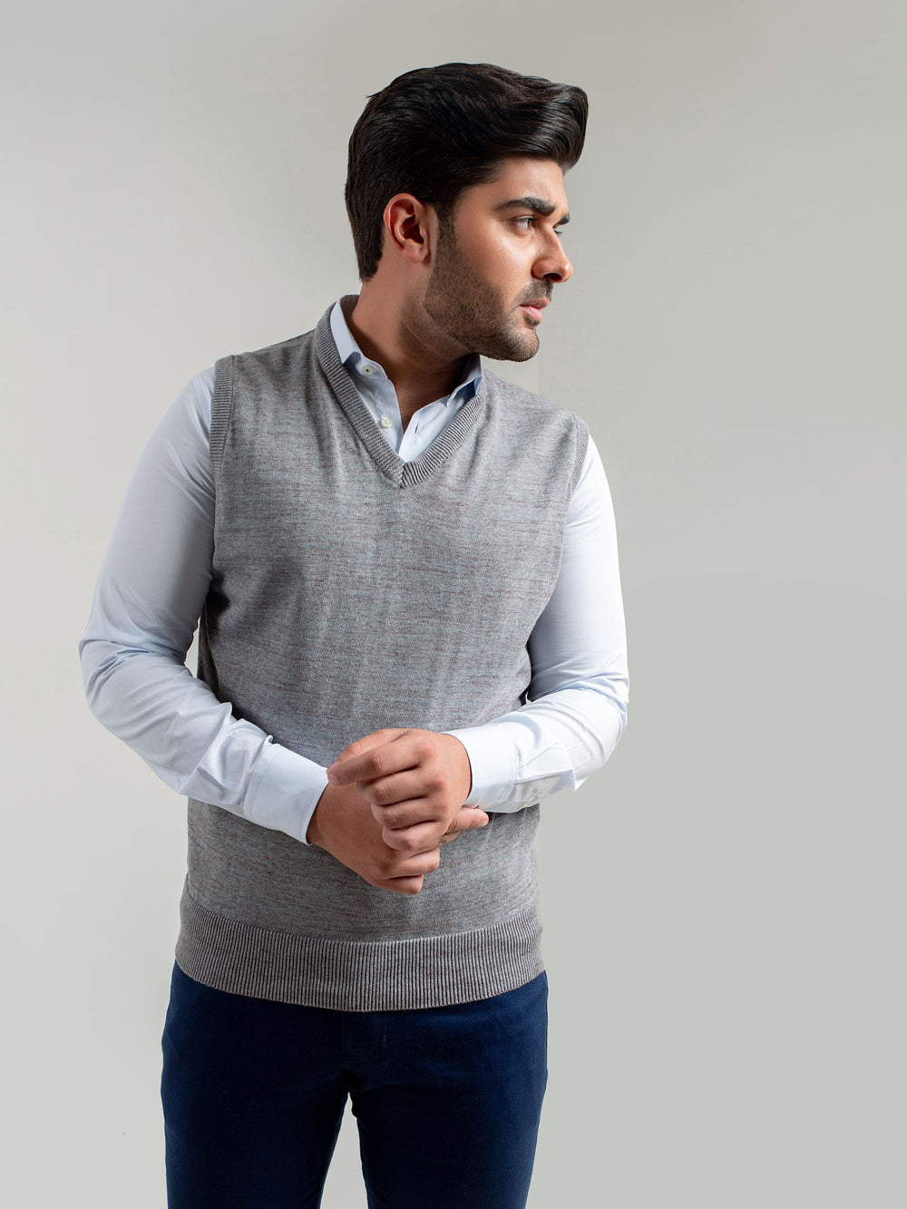 Grey Patterned Sleeveless V-Neck Sweater