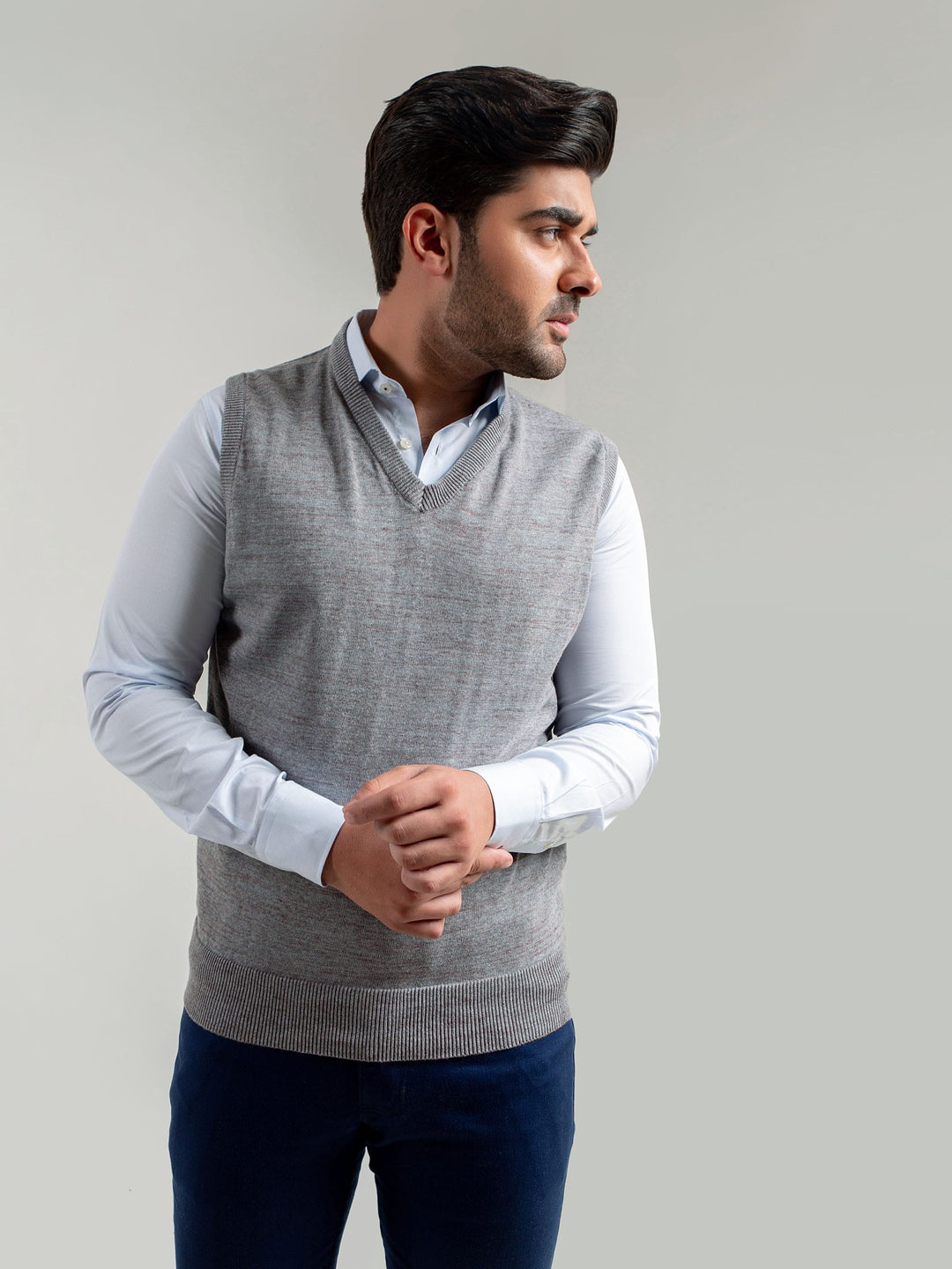 Grey Patterned Sleeveless V-Neck Sweater Brumano Pakistan