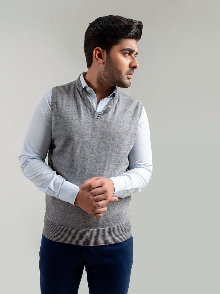 Grey Patterned Sleeveless V-Neck Sweater Brumano Pakistan