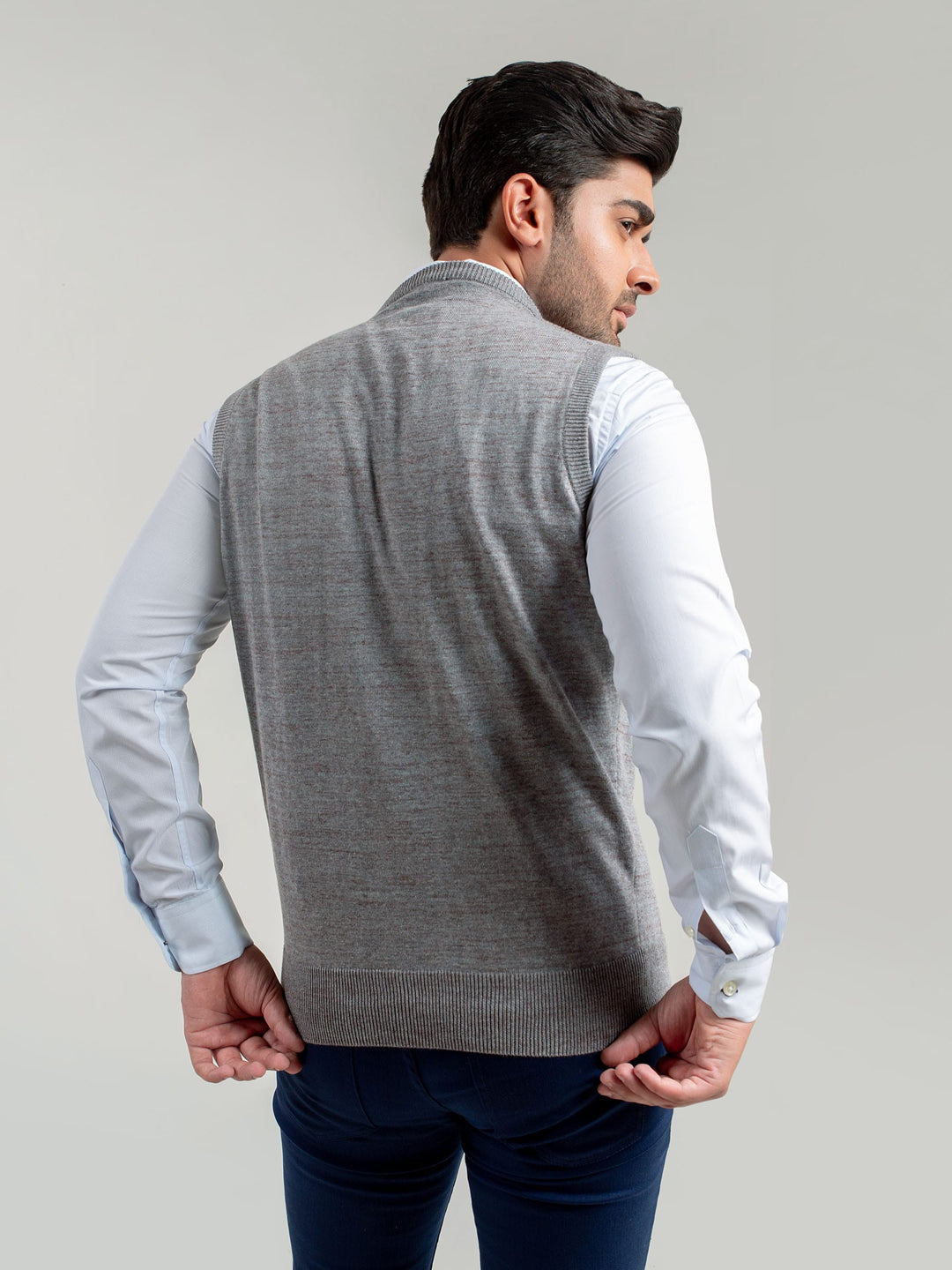 Grey Patterned Sleeveless V-Neck Sweater Brumano Pakistan