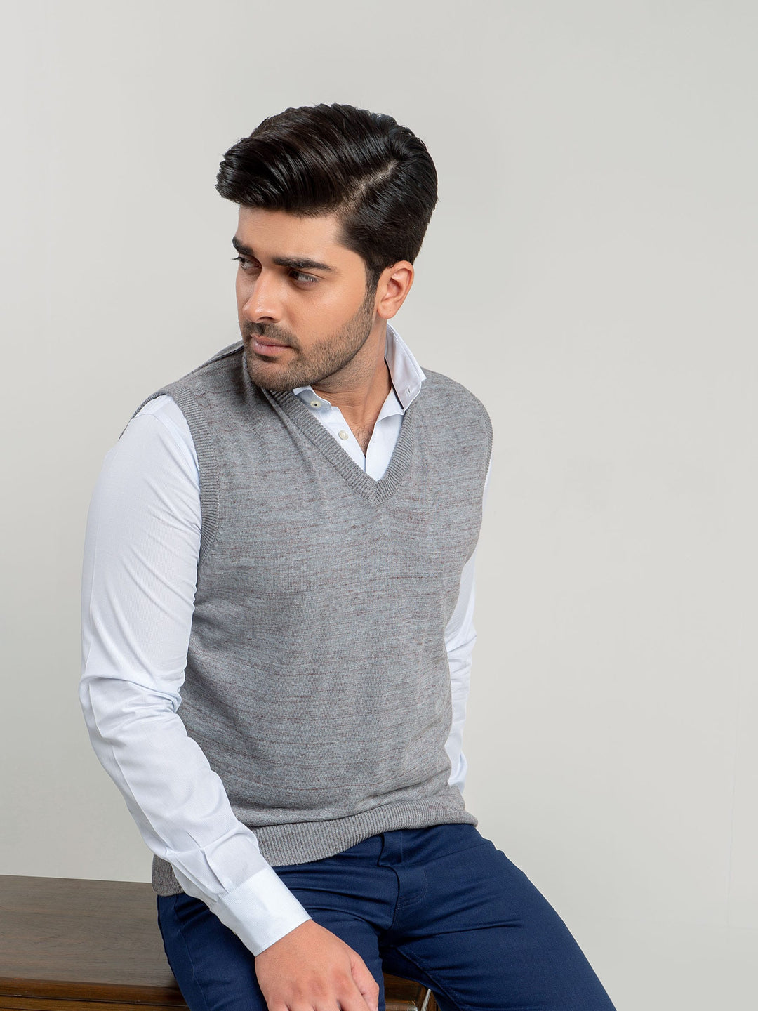 Grey Patterned Sleeveless V-Neck Sweater Brumano Pakistan