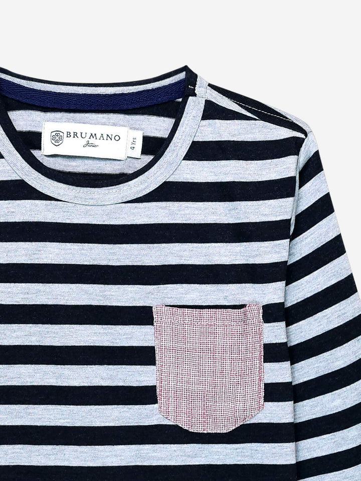 Grey Striped Full Sleeve T-Shirt With Contrasting Pocket Brumano Pakistan