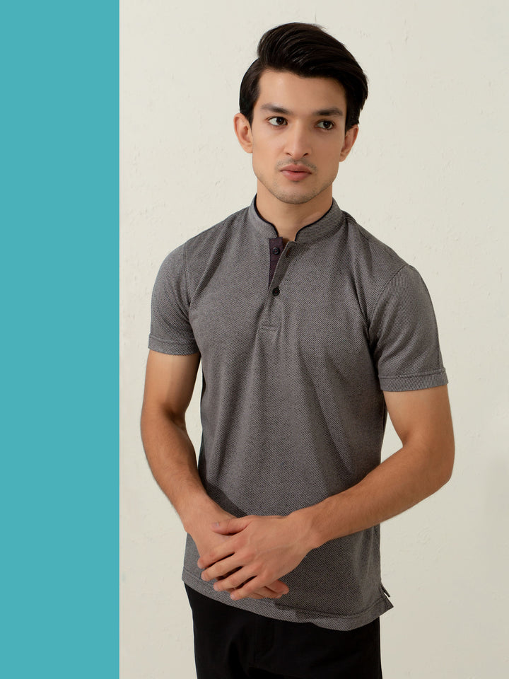Grey Striped Mao Collar Polo Shirt Brumano Pakistan