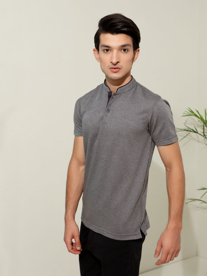 Grey Striped Mao Collar Polo Shirt Brumano Pakistan