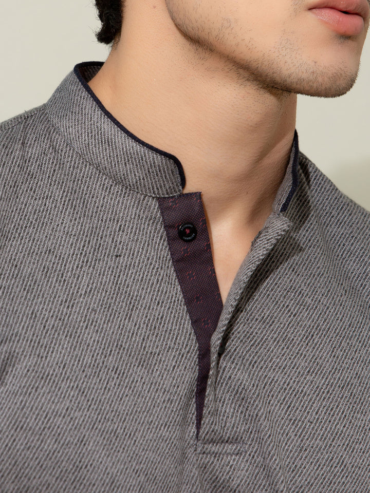 Grey Striped Mao Collar Polo Shirt Brumano Pakistan