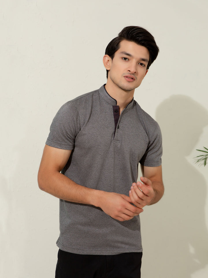 Grey Striped Mao Collar Polo Shirt Brumano Pakistan