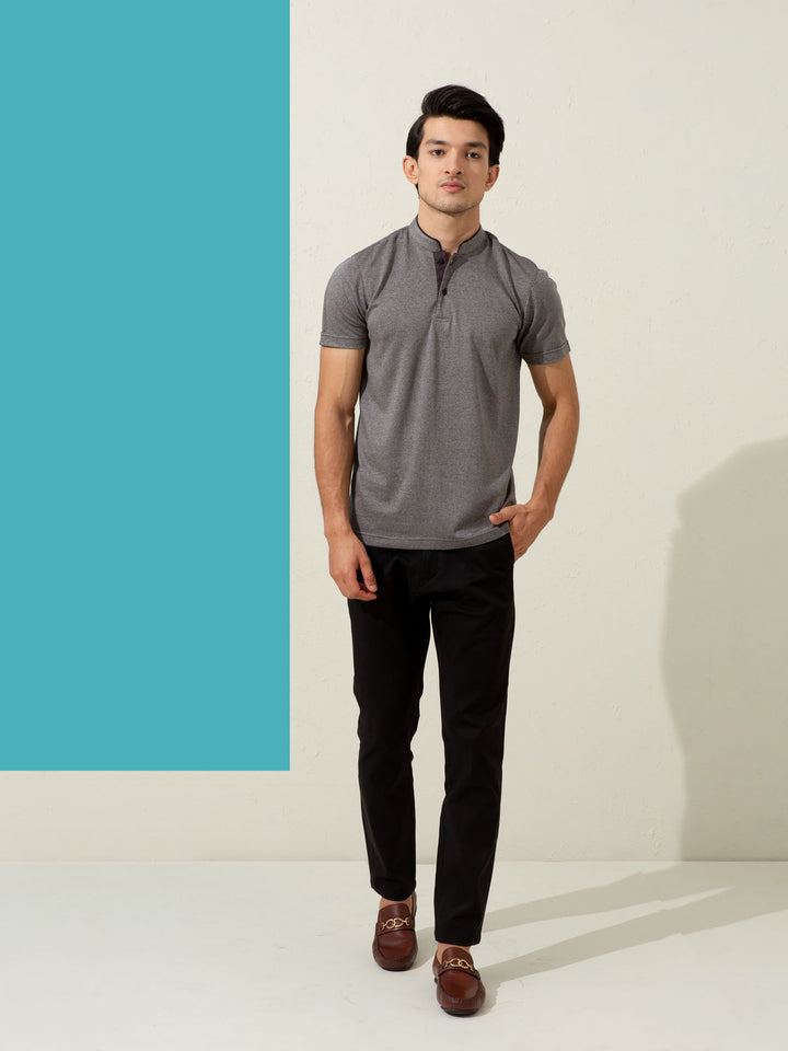 Grey Striped Mao Collar Polo Shirt Brumano Pakistan