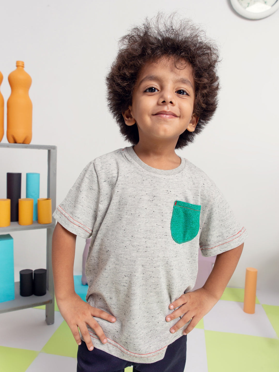 Grey White Neppy T-Shirt With Contrasting Green Pocket Brumano Pakistan
