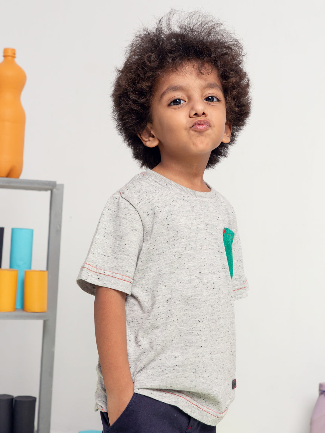 Grey White Neppy T-Shirt With Contrasting Green Pocket Brumano Pakistan