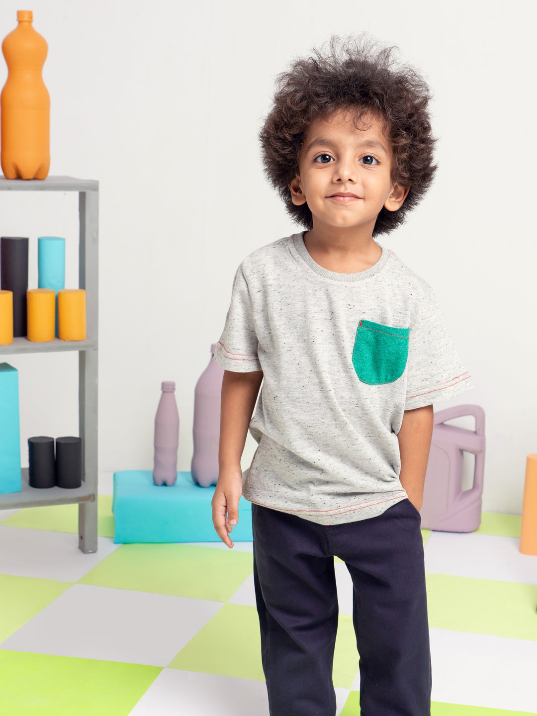 Grey White Neppy T-Shirt With Contrasting Green Pocket Brumano Pakistan