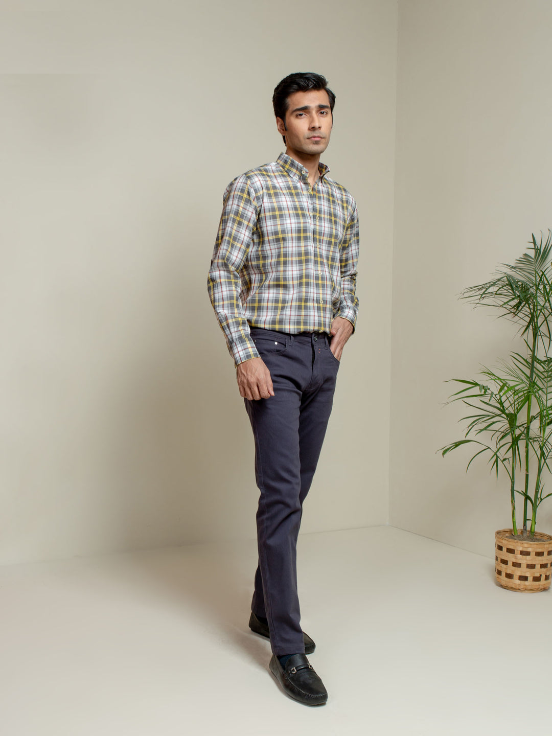 Grey & Yellow Checkered Light Weight Shirt Brumano Pakistan