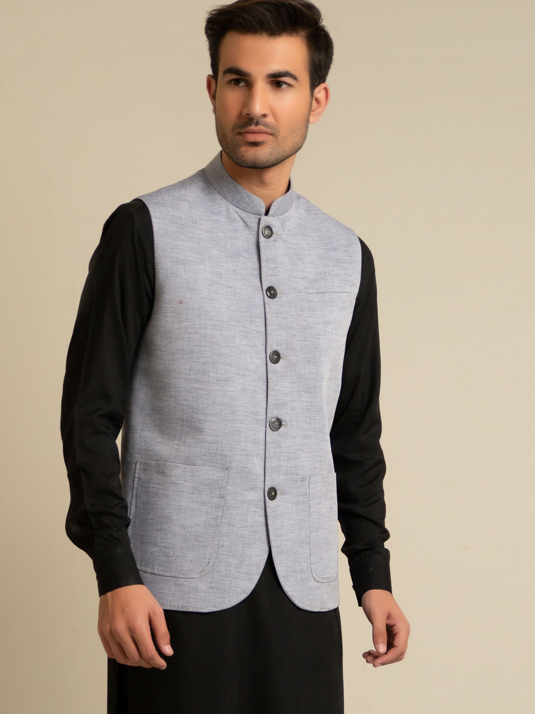 Grey Chambray Linen Waistcoat Brumano Pakistan