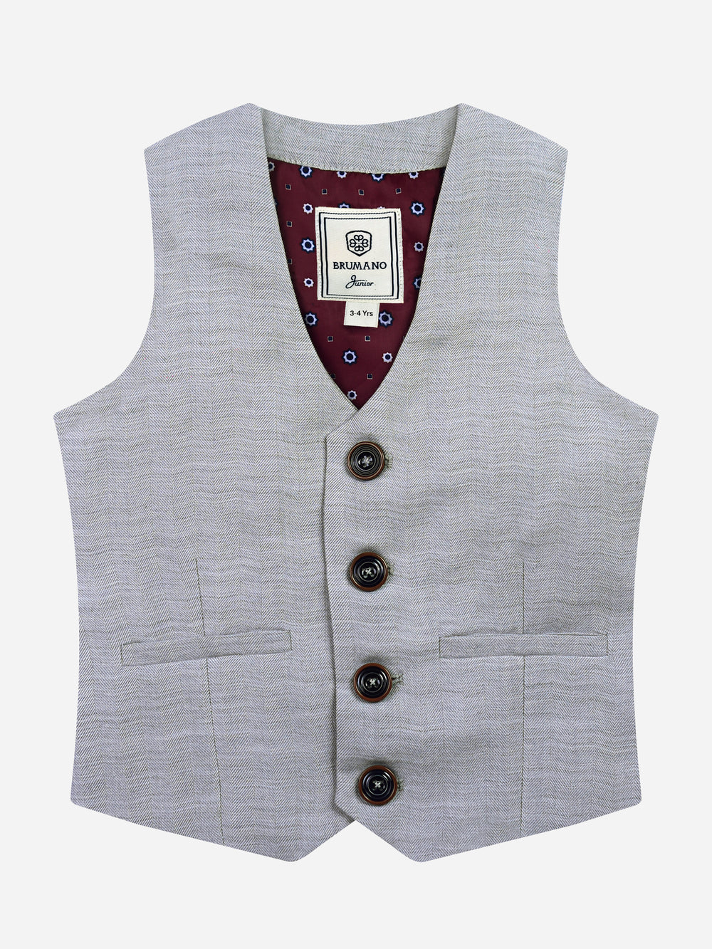 Grey Herringbone Suit Vest With Maroon Bow