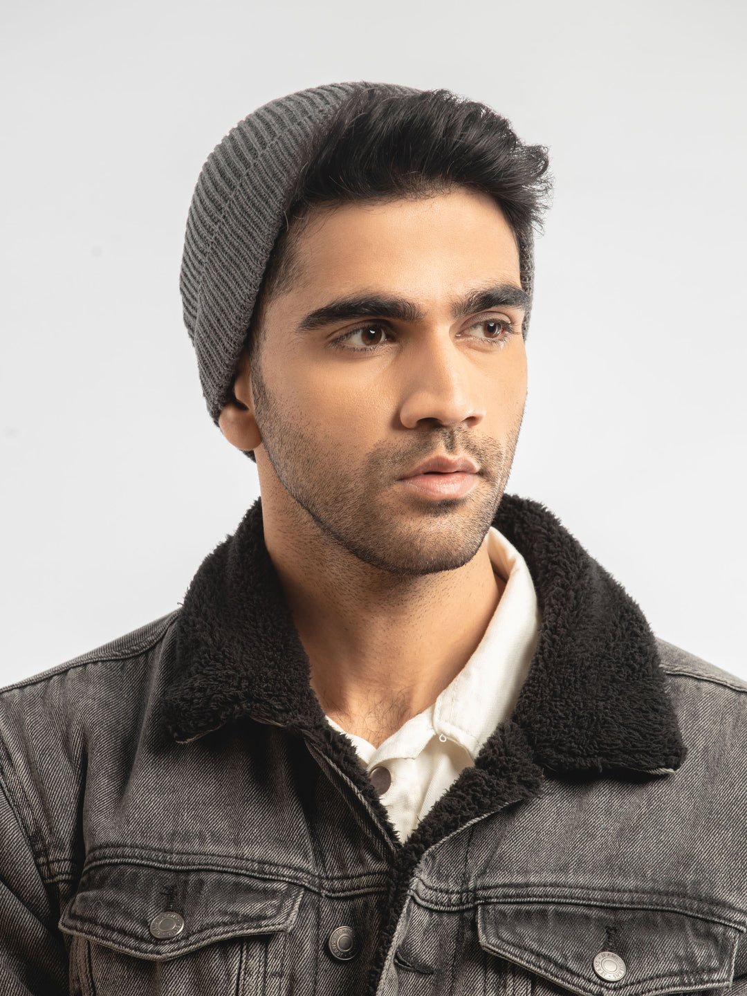 Men's grey knit beanie cap side view — Brumano Pakistan