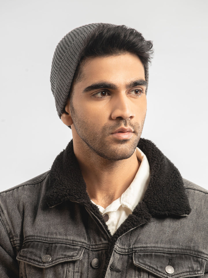 Men's grey knit beanie cap side view — Brumano Pakistan