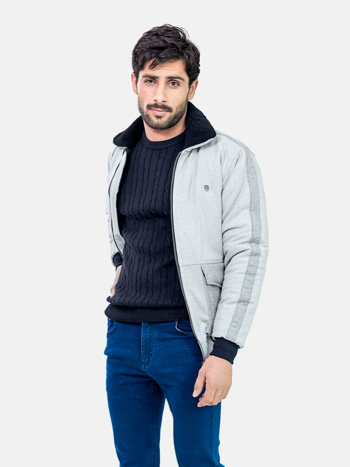 Grey Sherpa Collar Aviator Jacket With Cashmere Pockets Brumano Pakistan