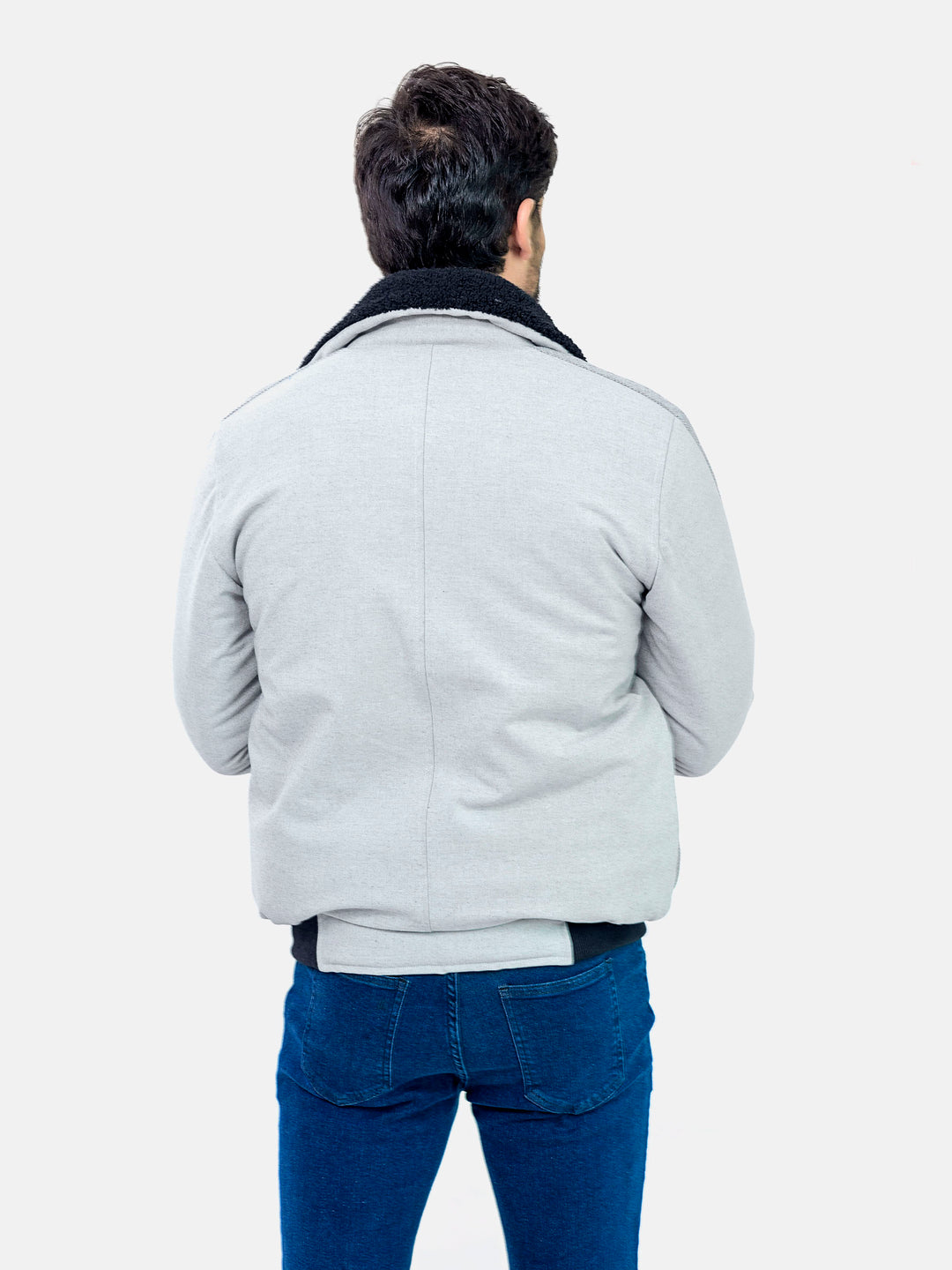 Grey Sherpa Collar Aviator Jacket With Cashmere Pockets Brumano Pakistan