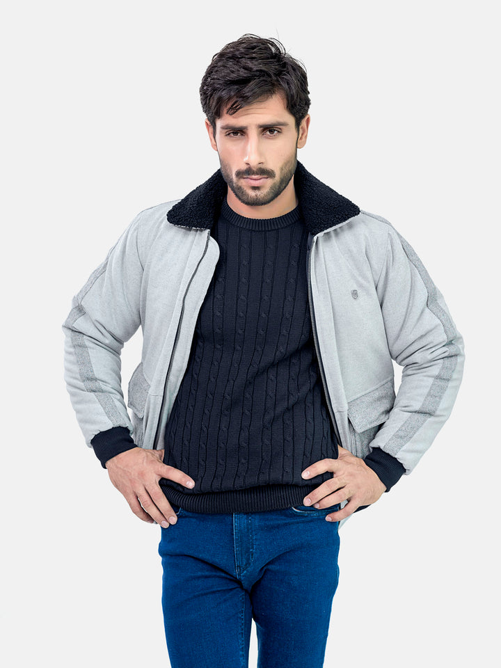 Grey Sherpa Collar Aviator Jacket With Cashmere Pockets Brumano Pakistan