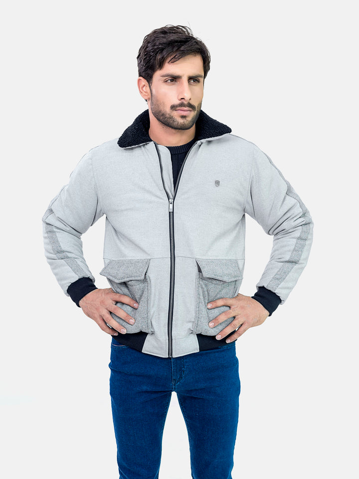 Grey Sherpa Collar Aviator Jacket With Cashmere Pockets Brumano Pakistan