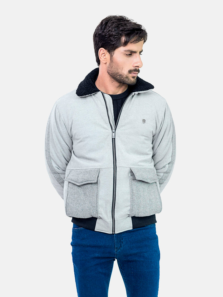 Grey Sherpa Collar Aviator Jacket With Cashmere Pockets Brumano Pakistan