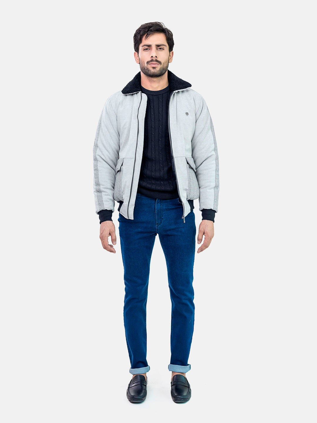 Grey Sherpa Collar Aviator Jacket With Cashmere Pockets Brumano Pakistan