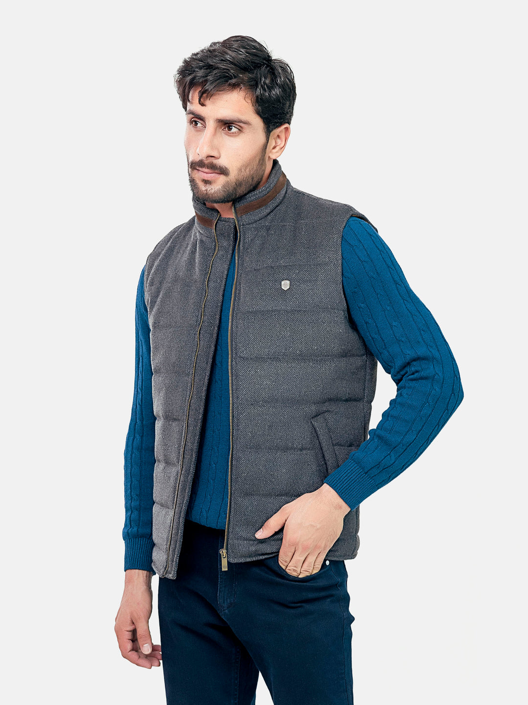 Grey Wool Structured Sleeveless Quilted Jacket Brumano Pakistan