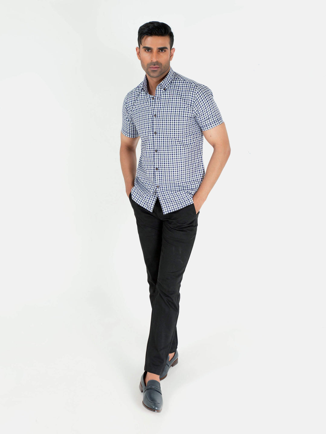 Grey & Blue Gingham Half Sleeve Shirt Brumano Pakistan