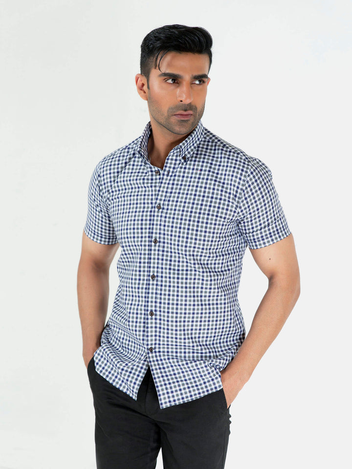 Grey & Blue Gingham Half Sleeve Shirt Brumano Pakistan