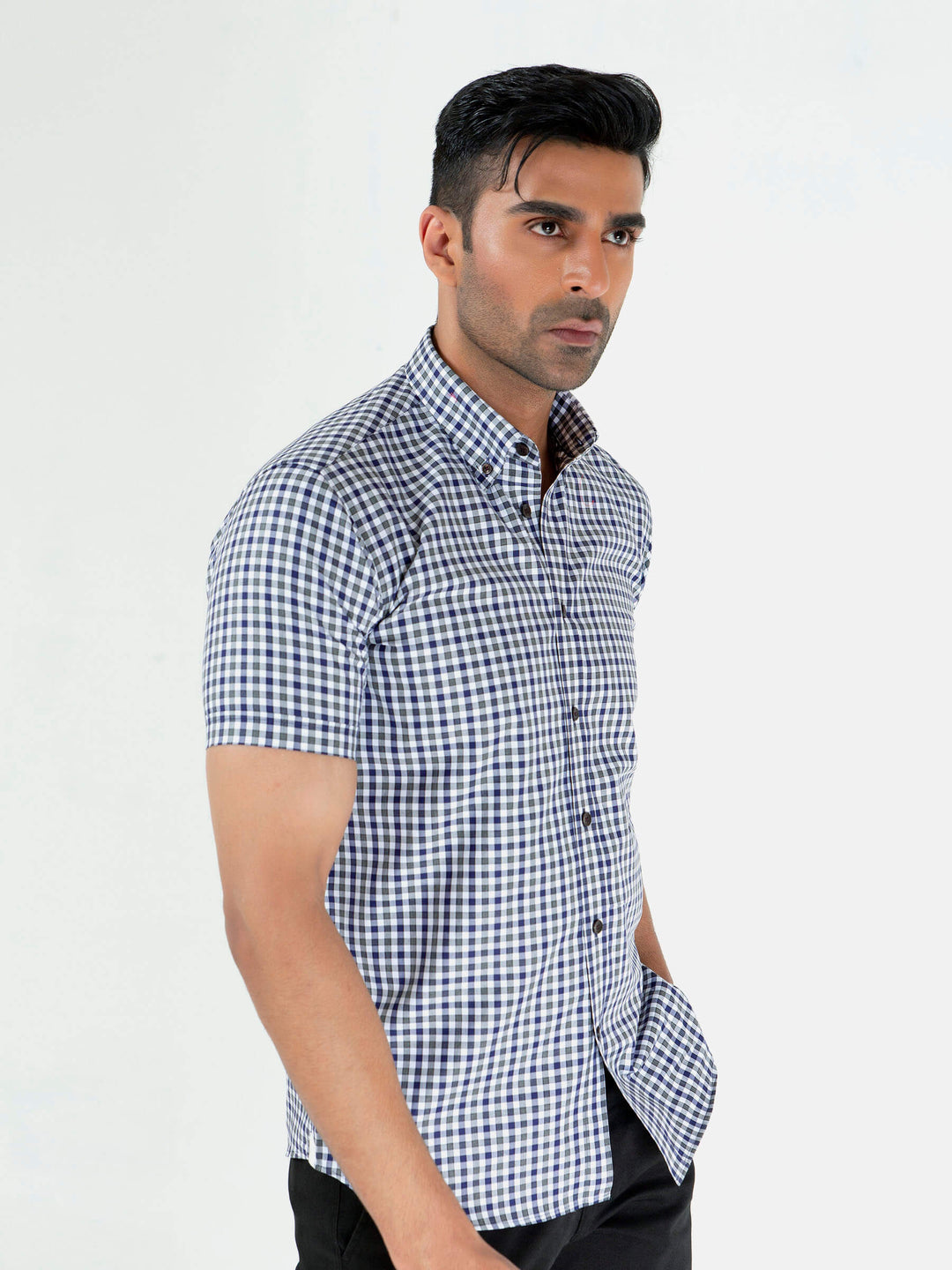 Grey & Blue Gingham Half Sleeve Shirt Brumano Pakistan
